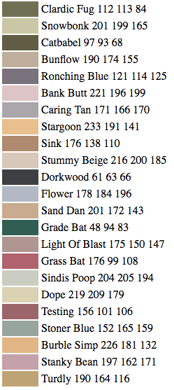 Visual list of some of the funny color names invented by Janelle Shane AI Algorithm